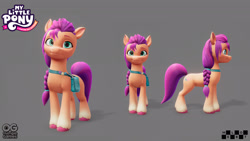 Size: 1920x1080 | Tagged: safe, artist:kike, sunny starscout, earth pony, pony, g5, my little pony: a maretime bay adventure, official, 3d, 3d model, bag, behind the scenes, braid, braided ponytail, coat markings, concept art, female, front view, gray background, hooves, logo, looking at you, mare, melbot, model, outright games, ponytail, reference, reference sheet, saddle bag, scrunchie, side view, simple background, smiling, smiling at you, socks (coat markings), sunny's bag, unshorn fetlocks