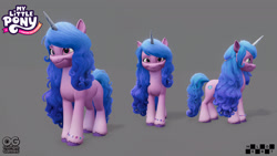 Size: 1920x1080 | Tagged: safe, artist:kike, izzy moonbow, pony, unicorn, g5, my little pony: a maretime bay adventure, official, 3d, 3d model, behind the scenes, bracelet, concept art, female, front view, gray background, jewelry, logo, looking at you, mare, melbot, model, outright games, reference, reference sheet, side view, simple background, smiling, smiling at you, unshorn fetlocks