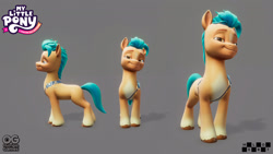 Size: 1920x1080 | Tagged: safe, artist:kike, hitch trailblazer, earth pony, pony, g5, my little pony: a maretime bay adventure, official, 3d, 3d model, behind the scenes, belt buckle, concept art, front view, gray background, logo, looking at you, male, melbot, model, outright games, reference, reference sheet, sheriff, sheriff's badge, side view, simple background, smiling, smiling at you, smug, stallion, unshorn fetlocks