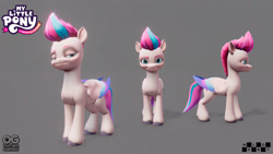 Size: 1920x1080 | Tagged: safe, artist:kike, zipp storm, pegasus, pony, g5, my little pony: a maretime bay adventure, official, 3d, 3d model, behind the scenes, concept art, female, folded wings, front view, frown, gray background, logo, looking at you, mare, melbot, model, outright games, raised hoof, reference, reference sheet, side view, simple background, smiling, smiling at you, smug, unshorn fetlocks, wings