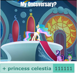 Size: 679x652 | Tagged: safe, princess celestia, spike, twilight sparkle, alicorn, dragon, pony, derpibooru, g4, horse play, season 8, butt, female, male, meta, milestone, milestone celebration, text, trio, twibutt, twilight sparkle (alicorn), wingless spike