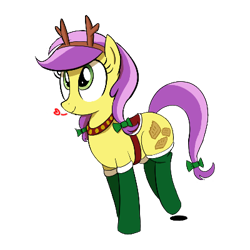 Size: 400x400 | Tagged: safe, artist:truthormare, lavender fritter, earth pony, pony, g4, animal costume, antlers, apple family member, bowtie, christmas, clothes, costume, female, harness, heart, holiday, mare, reindeer antlers, reindeer costume, saddle, simple background, smiling, socks, solo, tack, transparent background