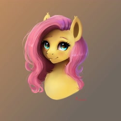 Size: 4000x4000 | Tagged: safe, artist:miokomata, fluttershy, pegasus, pony, g4, bust, cute, female, freckles, gradient background, looking at you, mare, shyabetes, signature, smiling, smiling at you, solo