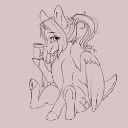 Size: 4000x4000 | Tagged: safe, artist:miokomata, oc, oc only, oc:mio, pegasus, pony, drink, eye clipping through hair, eyebrows, eyebrows visible through hair, female, iced tea, looking at you, mare, monochrome, ponytail, simple background, sitting, soda can, solo, tongue out, underhoof