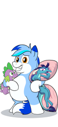 Size: 2400x5202 | Tagged: safe, artist:rupert, princess ember, spike, oc, oc:rupert the blue fox, dragon, earth pony, fox, fox pony, hybrid, pony, g4, bipedal, body pillow, chubby, cute, dragoness, female, male, ocbetes, plushie, rupertbetes, simple background, smiling, spike plushie, transparent background, tri-color mane, white belly
