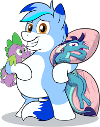 Size: 2400x3069 | Tagged: safe, artist:rupert, princess ember, spike, oc, oc only, oc:rupert the blue fox, dragon, earth pony, fox, fox pony, hybrid, pony, 2024 community collab, derpibooru community collaboration, g4, bipedal, body pillow, chubby, cropped, cute, dragoness, female, male, ocbetes, plushie, rupertbetes, simple background, smiling, solo, spike plushie, transparent background, tri-color mane, white belly