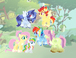 Size: 1357x1040 | Tagged: safe, artist:y2kitty, fluttershy, rainbow dash, oc, oc:flashfire, oc:iris, oc:puddle shine, oc:stormfront, pegasus, pony, g4, alternate hairstyle, base used, family, female, filly, fluttershy's cottage, foal, hair over eyes, lesbian, magical lesbian spawn, male, mare, offspring, parent:fluttershy, parent:rainbow dash, parents:flutterdash, ship:flutterdash, shipping, stallion