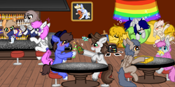 Size: 5689x2838 | Tagged: safe, artist:nootaz, oc, earth pony, griffon, pegasus, alcohol, bar, bar stool, beer, blushing, bottle, camera, drunk, fine art parody, hhh, passed out, pride flag, saturn devouring his son, table