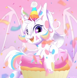 Size: 1230x1235 | Tagged: safe, artist:sketchiix3, oc, oc only, oc:confetti cupcake, bat pony, pony, bat pony oc, bat wings, cupcake, fangs, female, food, hat, heart, heart eyes, looking at you, mare, open mouth, open smile, party hat, ponies in food, smiling, smiling at you, solo, spread wings, wingding eyes, wings