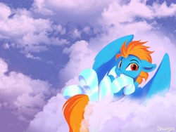 Size: 1600x1200 | Tagged: safe, artist:sketchiix3, oc, oc only, oc:samudash, pegasus, pony, clothes, cloud, floppy ears, looking at you, lying down, lying on a cloud, male, mouth hold, on a cloud, sky background, smiling, smiling at you, socks, solo, stallion, striped socks
