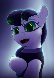 Size: 1668x2400 | Tagged: safe, artist:gosha305, coloratura, earth pony, pony, g4, abstract background, bust, cheek fluff, clothes, cute, cute little fangs, disguise, disguised changeling, ear fluff, eyebrows, fangs, female, green eyes, hoof on chest, implied changeling, looking at you, mare, open mouth, portrait, raised hoof, singing, smiling, solo