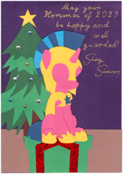 Size: 3529x4993 | Tagged: safe, artist:anonymous, oc, oc only, oc:heavy halbard, pony, /mlp/, /ss/, card, christmas, christmas tree, female, guardsmare, holiday, mare, present, royal guard, sitting, solo, tree