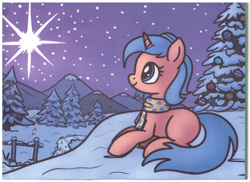Size: 4133x3001 | Tagged: safe, artist:anonymous, oc, oc only, oc:heavy halbard, pony, rabbit, unicorn, /mlp/, /ss/, animal, card, clothes, fence, forest, mountain, nature, night, scarf, snow, solo, stars, tree