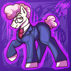 Size: 1280x1280 | Tagged: safe, artist:scribblyfilly, svengallop, earth pony, pony, g4, abstract background, clothes, glasses, male, necktie, pants, raised hoof, solo, stallion