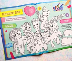 Size: 940x788 | Tagged: safe, egmont, hitch trailblazer, izzy moonbow, misty brightdawn, pipp petals, sunny starscout, zipp storm, earth pony, pegasus, pony, unicorn, g5, official, 2d, coloring, coloring page, magazine, mane five, mane six (g5), merchandise, photo, rebirth misty, united kingdom