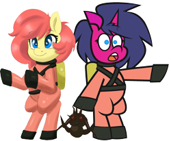 Size: 2195x1808 | Tagged: safe, artist:threetwotwo32232, artist:yelowcrom, oc, oc only, oc:brushie, oc:fizzy pop, earth pony, insect, pony, unicorn, 2024 community collab, derpibooru community collaboration, bipedal, crossover, dancing, duo, female, giant insect, hoarding bug, horn, lethal company, mare, pointing, simple background, transparent background