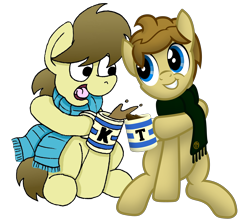 Size: 4645x4160 | Tagged: safe, artist:bobthedalek, artist:tidmouthmilk12, oc, oc only, oc:kettle master, oc:tidmouth milk, earth pony, pony, 2024 community collab, derpibooru community collaboration, clothes, duo, duo male, food, looking at each other, looking at someone, male, mug, open mouth, reference, scarf, simple background, sitting, smiling, tea, transparent background, wallace and gromit