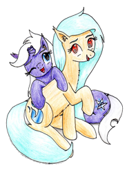 Size: 752x1024 | Tagged: safe, artist:40kponyguy, derpibooru exclusive, edit, oc, oc only, oc:disastral, oc:floe, crystal pony, pony, unicorn, 2024 community collab, derpibooru community collaboration, broken horn, duo, duo female, ear fluff, female, horn, long mane, looking at you, mare, one eye closed, raised hoof, simple background, traditional art, transparent background