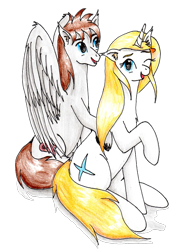 Size: 733x1024 | Tagged: safe, artist:40kponyguy, derpibooru exclusive, edit, oc, oc only, oc:jezza, oc:tecuro, pegasus, pony, unicorn, 2024 community collab, derpibooru community collaboration, duo, duo male and female, ear fluff, female, horn, male, mare, one eye closed, open mouth, open smile, raised hoof, simple background, smiling, stallion, traditional art, transparent background, unshorn fetlocks, wings