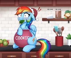 Size: 4000x3298 | Tagged: safe, alternate version, artist:confetticakez, rainbow dash, pegasus, pony, g4, !!!, apple, blushing, caught, chest fluff, christmas, christmas cookies, cookie, cookie jar, cookie thief, cute, dashabetes, eating, exclamation point, female, floppy ears, food, hat, high res, holiday, jar, kitchen, looking at you, mare, pinpoint eyes, santa hat, solo, thief