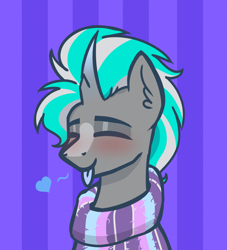Size: 2541x2794 | Tagged: safe, artist:northglow, oc, oc only, oc:flame belfrey, pony, unicorn, blushing, bust, clothes, cute, eyes closed, heart, male, portrait, smiling, solo, sweater, tongue out