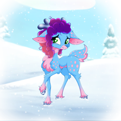 Size: 2500x2500 | Tagged: safe, artist:rurihal, misty brightdawn, deer, deer pony, original species, reindeer, g5, chest fluff, cloven hooves, cute, high res, mistybetes, rebirth misty, reindeerified, snow, snowfall, solo, species swap, thin legs