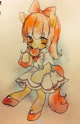 Size: 618x960 | Tagged: safe, artist:魔女囚人, apple bloom, earth pony, pony, g4, adorabloom, apple, blushing, clothes, cute, dress, female, filly, foal, food, herbivore, shoes, solo, traditional art