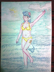 Size: 3000x4000 | Tagged: safe, artist:mildgyth, oc, oc:artabana, anthro, plantigrade anthro, armpits, arms in the air, bikini, clothes, cloud, female, hoof feet, ocean, solo, swimsuit, traditional art, water, wave