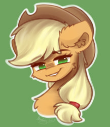 Size: 2000x2300 | Tagged: safe, artist:kindny-chan, applejack, earth pony, pony, g4, bust, green background, portrait, simple background, solo