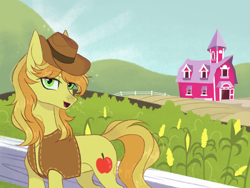 Size: 2160x1620 | Tagged: safe, artist:cursed soul, braeburn, earth pony, pony, g4, apple, applejack's barn, corn, farm, food, lidded eyes, looking at you, male, solo, sparkles, stallion