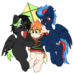 Size: 1200x1200 | Tagged: safe, artist:etoz, oc, oc only, oc:black the dragon, oc:etoz, oc:ross, pegasus, pony, unicorn, 2024 community collab, derpibooru community collaboration, clothes, clumsy, female, flying, helping, hoodie, horn, kite, male, mare, pegasus oc, simple background, spread wings, surprised, transparent background, trio, unicorn oc, wings, wrapped
