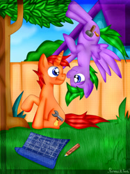 Size: 827x1104 | Tagged: safe, artist:lelka-philka, pegasus, pony, unicorn, blueprint, crossover, fence, house, pencil, phineas and ferb, ponified, tree