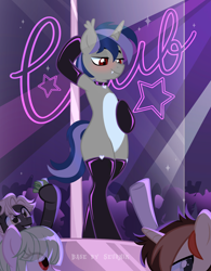 Size: 3000x3854 | Tagged: safe, alternate version, artist:ghostpikachu, oc, oc only, oc:dreaming star, bat pony, bat pony unicorn, hybrid, pony, unicorn, semi-anthro, base used, bat pony oc, bipedal, clothes, club, collar, dancing, fangs, femboy, high res, horn, male, no eyelashes, pale belly, party, pole, pole dancing, red eyes, sexy, solo focus, spotlight, stallion, stockings, stripper pole, thigh highs