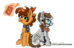 Size: 2177x1400 | Tagged: safe, artist:gotyx96, roseluck, oc, oc only, oc:autumn falls, oc:dreamscape poet, pegasus, pony, unicorn, 2024 community collab, derpibooru community collaboration, bandana, book, braid, braided tail, cheek fluff, clothes, drawing, duo, feather, female, glasses, horn, male, pencil in mouth, scarf, simple background, sketchbook, striped scarf, tail, transparent background, wings