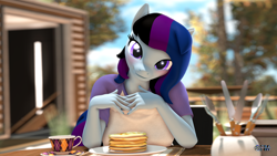 Size: 1920x1080 | Tagged: safe, artist:anthroponiessfm, oc, oc only, oc:maple cake, anthro, 3d, anthro oc, blushing, clothes, cute, female, food, fork, knife, looking at you, outdoors, pancakes, solo, source filmmaker, spoon, wholesome