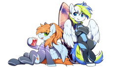 Size: 3887x2159 | Tagged: safe, artist:swaybat, oc, oc only, oc:morning star, oc:rain bow, pegasus, pony, 2024 community collab, derpibooru community collaboration, bipedal, bipedal leaning, cable, clothes, cup, diving suit, duo, female, glass, ice cube, juice, leaning, looking at each other, looking at someone, male, mare, ponytail, simple background, sitting, smiling, smiling at each other, socks, spread wings, stallion, surfboard, swimsuit, thigh socks, transparent background, wetsuit, wings, zettai ryouiki