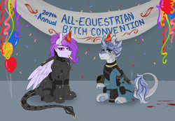 Size: 2900x2009 | Tagged: safe, artist:dusk feather, oc, oc only, oc:aleutian avalanche, oc:winter dawn, kirin, pegasus, pony, fallout equestria, armor, balloon, banner, blood, bulletproof vest, clothes, confetti, enclave, enclave armor, gun, hat, jumpsuit, kirin oc, knee pads, long tail, multicolored hair, party hat, pegasus oc, pipbuck, power armor, shotgun, simple background, smiling, tail, unamused, vault suit, weapon, wings