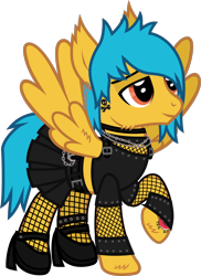 Size: 873x1199 | Tagged: safe, artist:lightningbolt, derpibooru exclusive, pegasus, pony, g4, .svg available, alex gaskarth, all time low, belt, buckle, chains, cheek fluff, choker, clothes, crossdressing, dyed mane, dyed tail, ear fluff, ear piercing, earring, fishnet stockings, hair over one eye, heels on a horse, high heels, hoof fluff, jewelry, leg band, lidded eyes, male, mary janes, midriff, necklace, piercing, ponified, raised hoof, shirt, shoes, short shirt, show accurate, simple background, skirt, smiling, solo, spread wings, stallion, standing, svg, tail, tail feathers, tattoo, transparent background, vector, wing fluff, wings