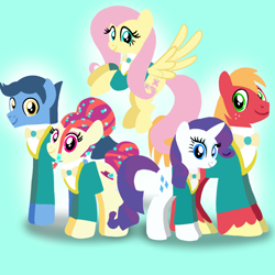 Size: 1400x1400 | Tagged: safe, artist:mlplary6, big macintosh, fluttershy, rarity, toe-tapper, torch song, earth pony, pegasus, pony, unicorn, g4, clothes, female, flying, looking at you, male, mare, ponytones, smiling, smiling at you, stallion