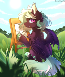Size: 1981x2335 | Tagged: safe, artist:yuris, oc, oc only, bat pony, pony, bat pony oc, ears up, easel, field, grass, looking at you, looking back, looking back at you, mouth hold, pencil, sitting, smiling, solo, trade
