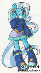 Size: 1182x2097 | Tagged: safe, artist:shadowhawx, trixie, human, equestria girls, g4, female, horn, horned humanization, humanized, one eye closed, simple background, solo, traditional art, white background, wink