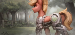Size: 3308x1566 | Tagged: safe, artist:dashid, big macintosh, cyborg, earth pony, pony, fanfic:iron hearts, g4, amputee, crossover, cybernetic legs, prosthetic limb, prosthetics, solo, straw in mouth, warhammer (game), warhammer 40k
