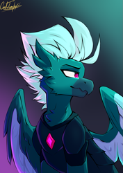 Size: 733x1033 | Tagged: safe, artist:cmdrtempest, oc, oc only, oc:dark skroll, hippogriff, bust, crystal, cute, looking at each other, looking at someone, portrait, signature, simple background, smiling, solo, wings