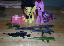 Size: 720x521 | Tagged: safe, fluttershy, twilight sparkle, pegasus, pony, unicorn, g4, duo, gun, irl, out of character, photo, toy, weapon