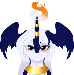 Size: 2852x2926 | Tagged: safe, artist:phreia, oc, oc only, deer, original species, bust, female, fire, head wings, scar, simple background, smiling, solo, transparent background, wings