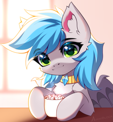 Size: 1165x1262 | Tagged: safe, alternate character, alternate version, artist:airiniblock, oc, oc only, oc:bow-black, bat pony, pony, bat pony oc, chest fluff, chocolate, collar, commission, cute, ear fluff, food, heart, heart eyes, hot chocolate, icon, marshmallow, morning, patreon, patreon reward, solo, wingding eyes, wings, ych result
