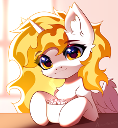 Size: 1165x1262 | Tagged: safe, alternate character, alternate version, artist:airiniblock, daybreaker, alicorn, pony, g4, chest fluff, chocolate, commission, cute, ear fluff, eye clipping through hair, eyebrows, eyebrows visible through hair, food, heart, heart eyes, hot chocolate, icon, marshmallow, morning, patreon, patreon reward, solo, wingding eyes, wings, ych result