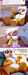 Size: 2000x5296 | Tagged: safe, ai assisted, ai content, artist:rupert, generator:pony diffusion v6 xl, generator:stable diffusion, prompter:rupert, gilda, griffon, series:ask white belly gilda, g4, ask, banana, chubby, cute, eating, featureless crotch, female, food, gildadorable, high res, pale belly, sitting, tumblr, white belly