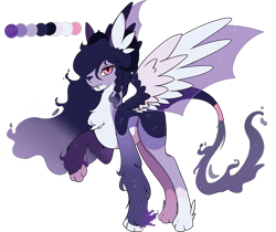 Size: 2609x2195 | Tagged: safe, artist:phreia, oc, oc only, bat pony, deer, hybrid, original species, artificial wings, augmented, fangs, horns, long hair, magic, magic wings, male, reference sheet, simple background, slit pupils, solo, spread wings, transparent background, wings