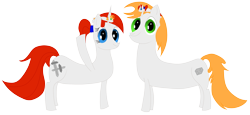 Size: 3297x1523 | Tagged: safe, artist:ragmo, oc, oc only, oc:caveman pony, oc:swift sword, earth pony, pony, unicorn, 2024 community collab, derpibooru community collaboration, duo, high res, horn, looking at you, plushie, simple background, transparent background